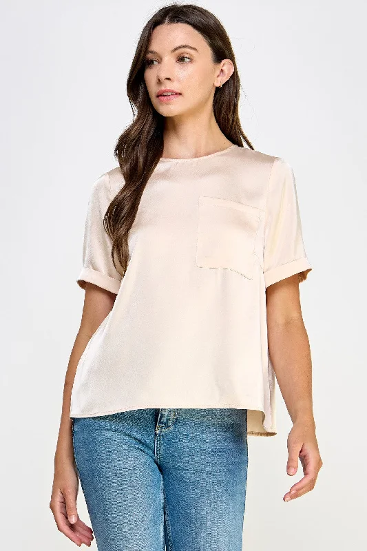 Champagne Front Pocket Short Sleeve Satin Tee Top