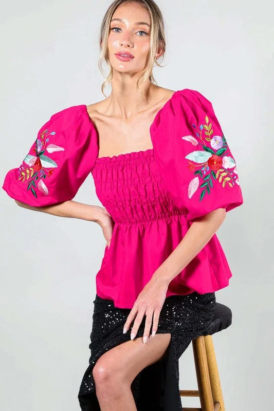 Fuchsia Puff Short Sleeve Embroidery Detail Blouse Top