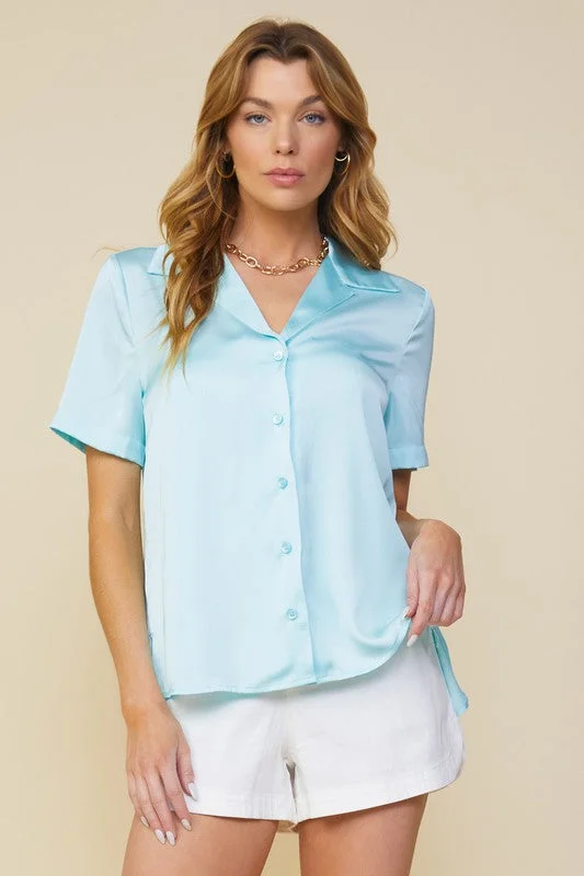 Ice Blue Recycled Satin Button Down Short Sleeve Shirt