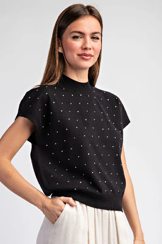 RHINESTONE MOCK NECK SHORT SLEEVE SWEATER