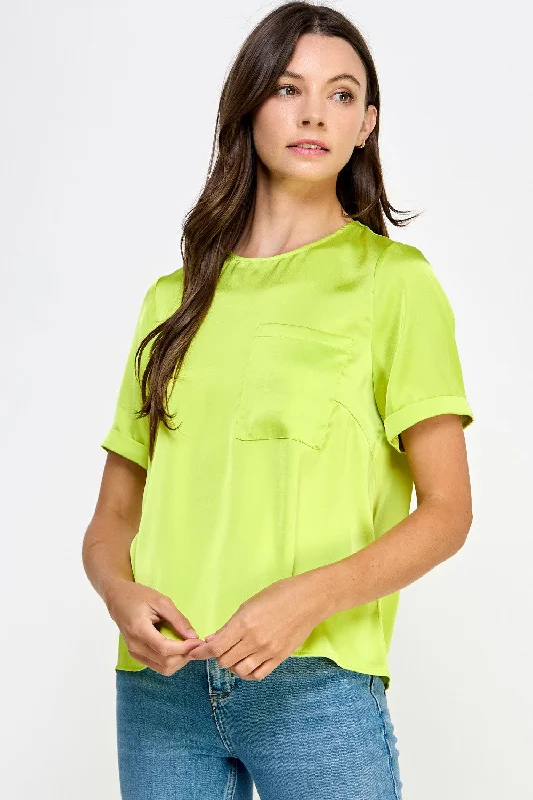 Lime Light Front Pocket Short Sleeve Satin Tee Top