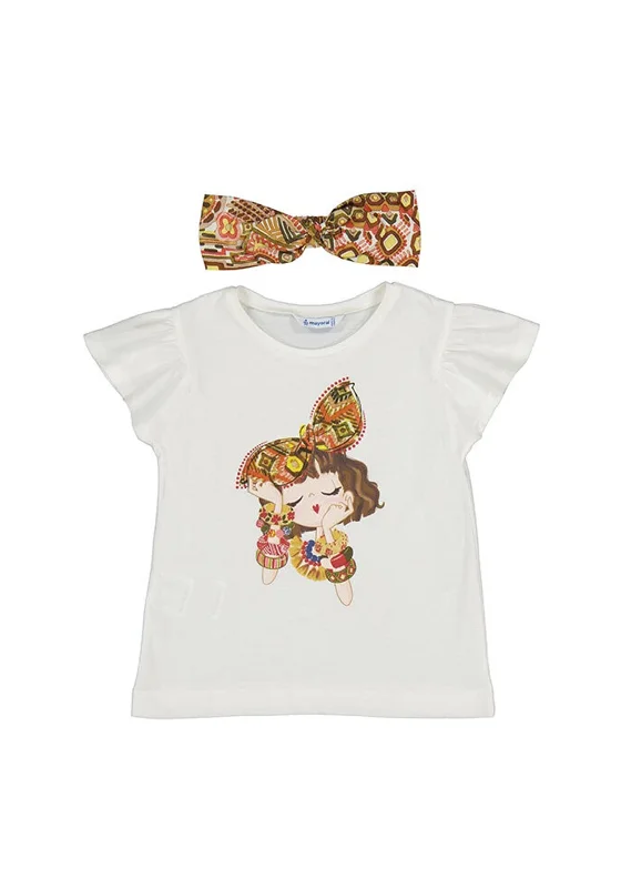 Mayoral Girl Short Sleeve Tee and Headband Set, White Multi