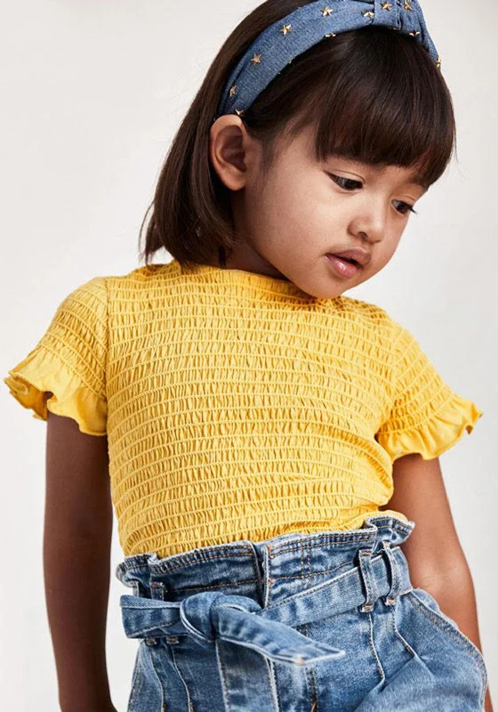 Mayoral Girls Shirred Short Sleeve Top, Yellow