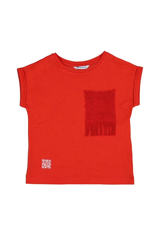 Mayoral Girl Short Sleeve Crochet Pocket Tee, Red