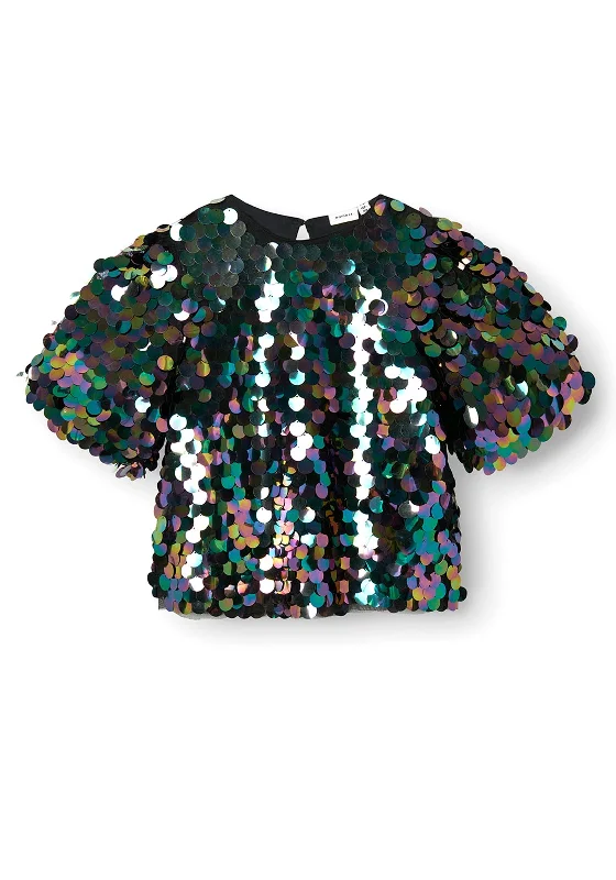 Name It Kid Girl Requin Short Sleeve Disc Sequin Top, Black