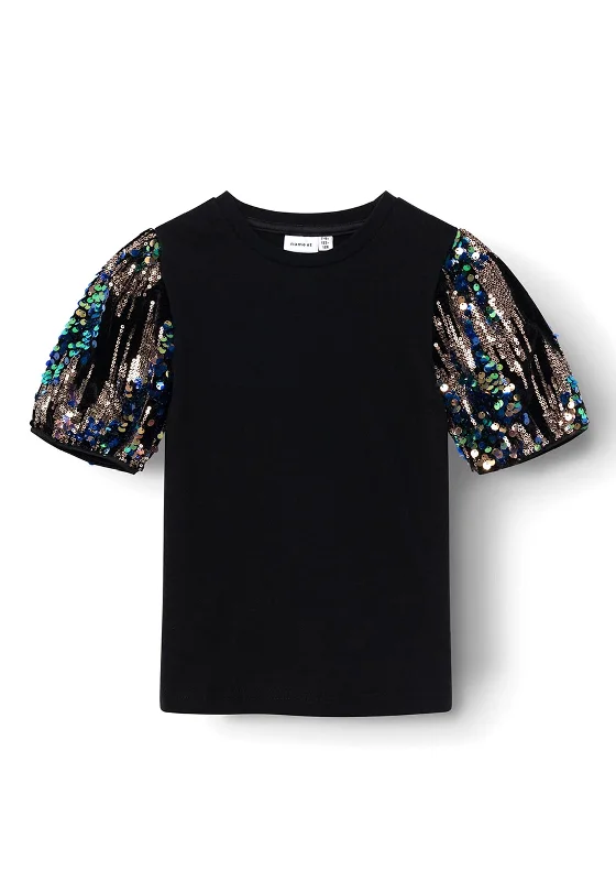 Name It Kid Girl Romilla Sequins Short Sleeve Top, Black