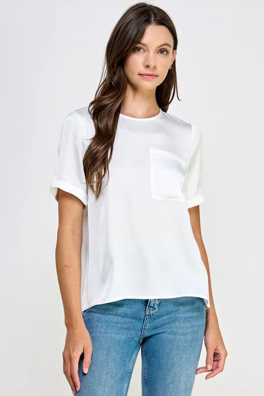 Off White Front Pocket Short Sleeve Satin Tee Top