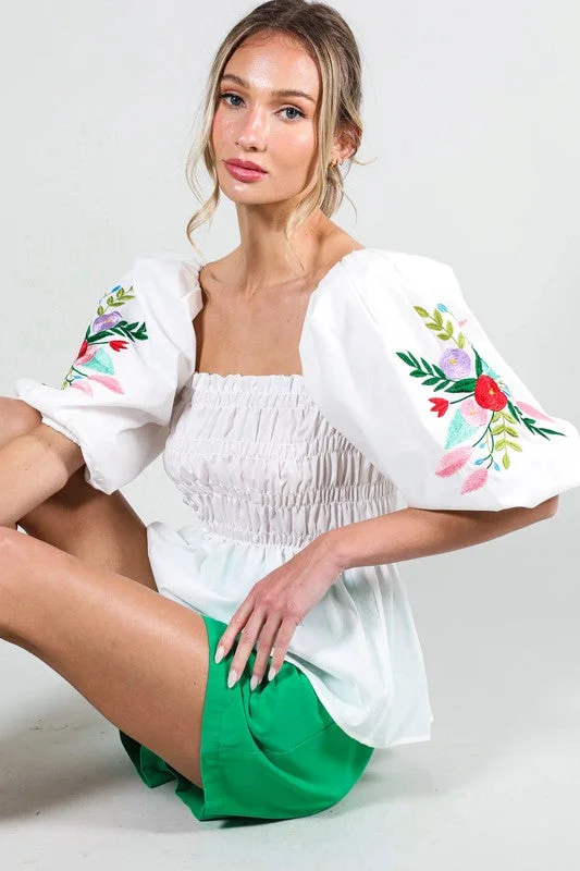 Off White Puff Short Sleeve Embroidery Detail Blouse Top