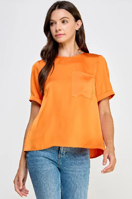 Orange Front Pocket Short Sleeve Satin Tee Top