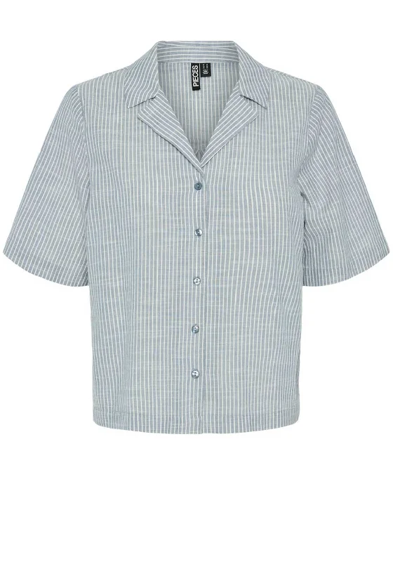 Pieces Apia Short Sleeve Linen Shirt, Coronet Blue