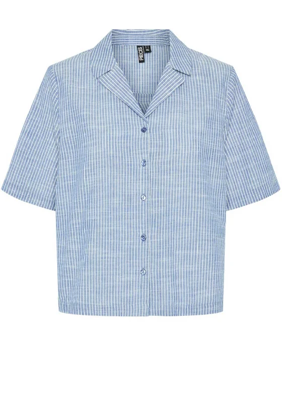 Pieces Apia Short Sleeve Linen Shirt, Nautical Blue