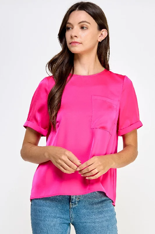 Pink Front Pocket Short Sleeve Satin Tee Top