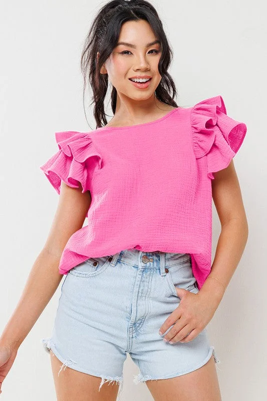 Pink Gauze Double Ruffled Short Sleeve Top