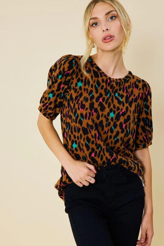 Camel Multi Printed Puff Short Sleeve Top