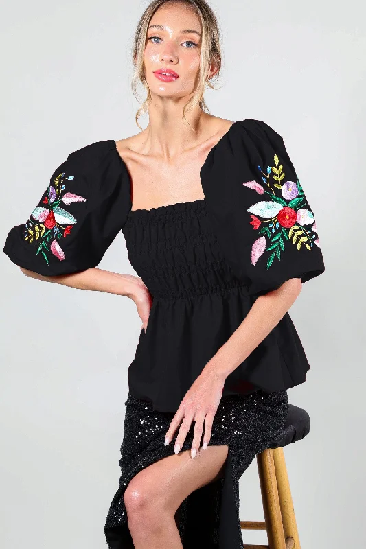 Black Puff Short Sleeve Embroidery Detail Blouse Top