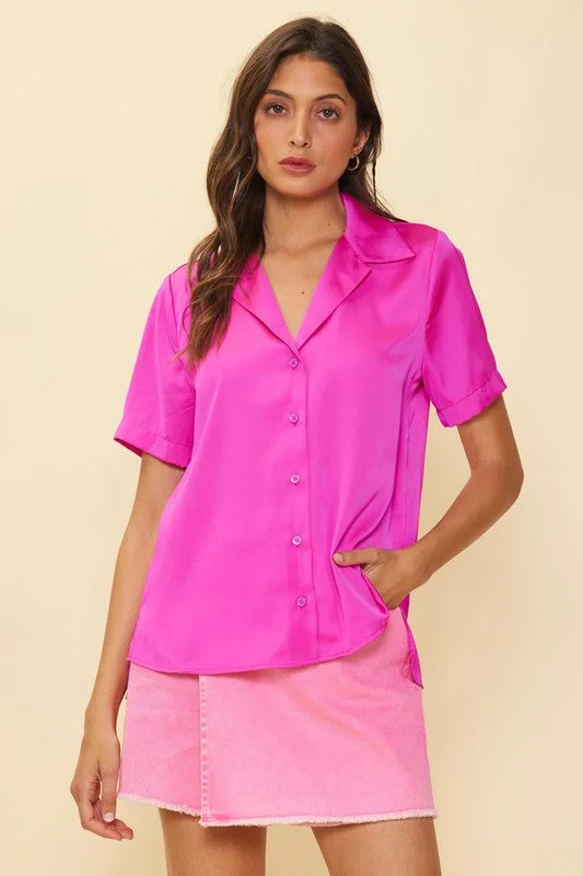 Hot Pink Recycled Satin Button Down Short Sleeve Shirt