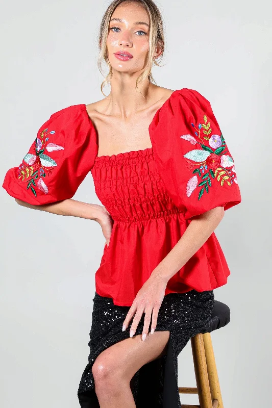 Red Puff Short Sleeve Embroidery Detail Blouse Top