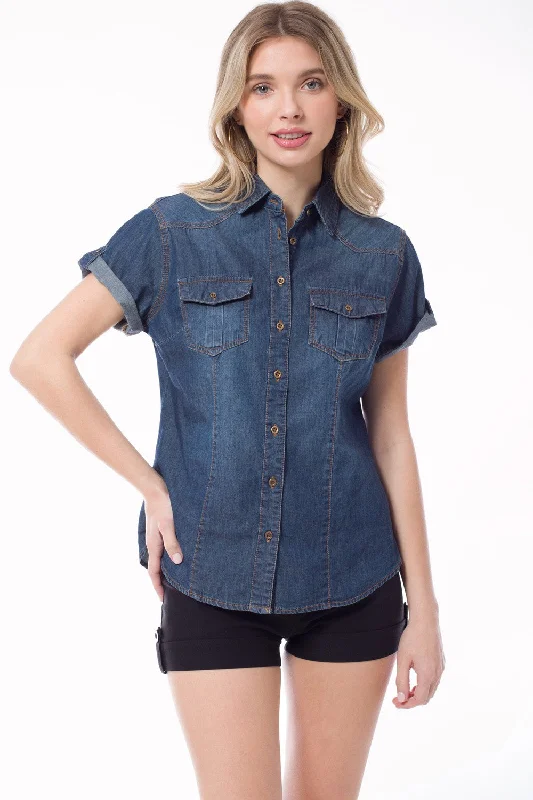 Washdkdenim Roll Up Short Sleeve Denim Chambray Shirt