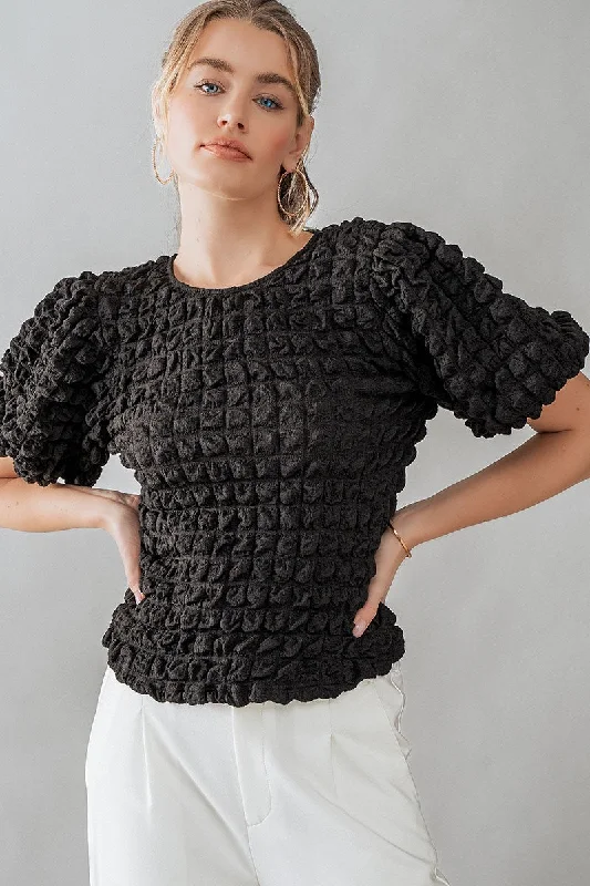 Black Short Sleeve Bubble Texture Top