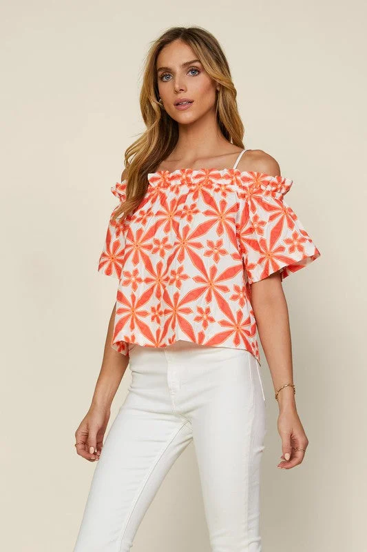 White Orange Short Sleeve Emabroidered Off Shoulder Top