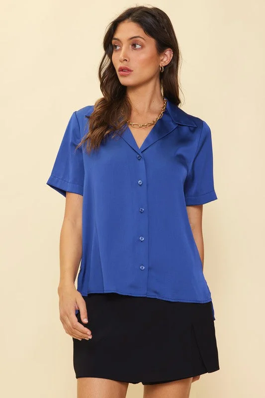 Stone Navy Recycled Satin Button Down Short Sleeve Shirt