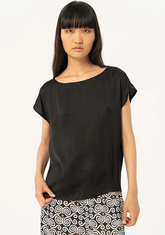 Surkana Short Sleeve Satin Top, Black