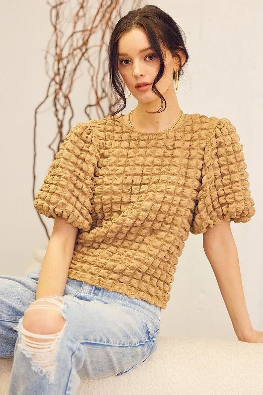 Tan Brown Short Sleeve Bubble Texture Top