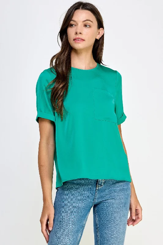 Turquoise Front Pocket Short Sleeve Satin Tee Top