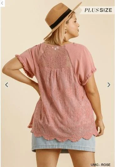 Linen Blend Back Lace Detail Round Neck Short Sleeve Top with Ruffle Hem