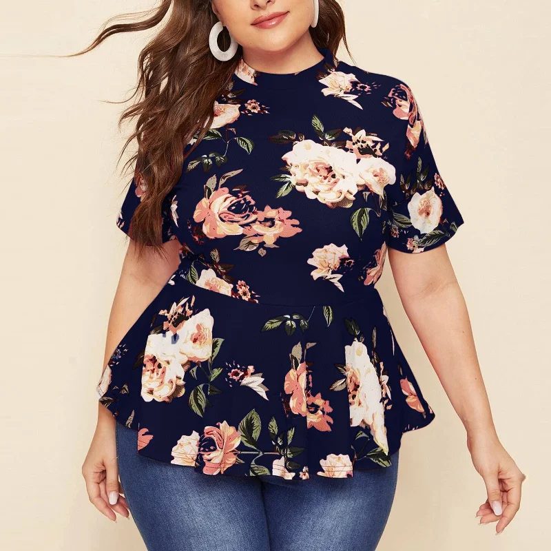 Plus Size Floral Print Round Neck Short Sleeve Tops Wholesale Plus Size Womens Clothing N3824052500006