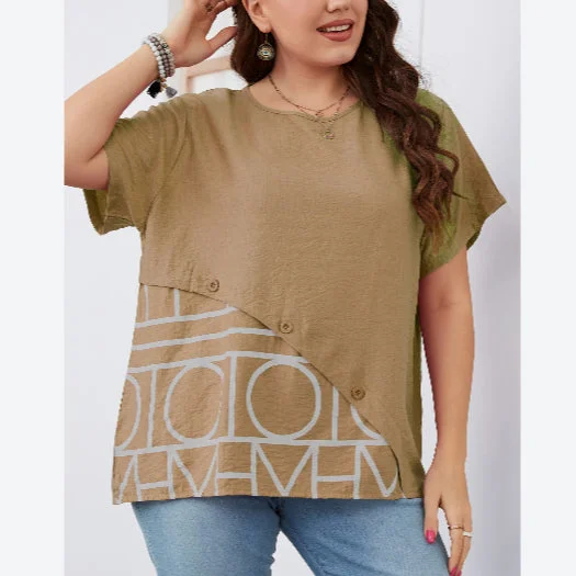 Printing Short Sleeve Patchwork Round Neck Wholesale Plus Size Tops for Summer