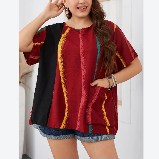 Striped Print Short Sleeve Casual Loose Wholesale Plus Size Tops with Pockets