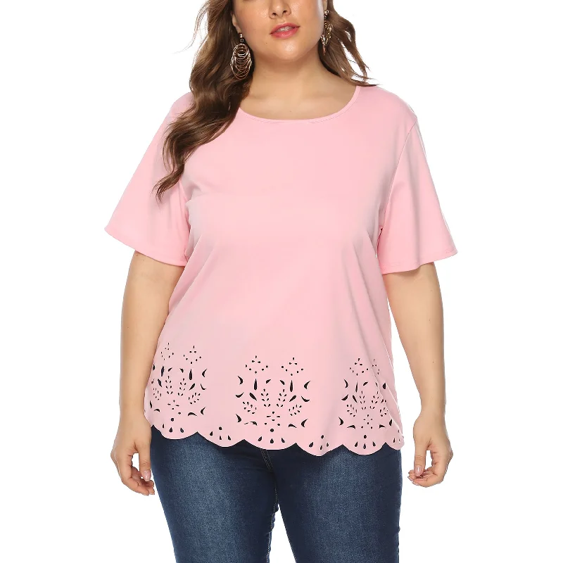 Wholesale Women'S Plus Size Clothing Solid Color Hollow Short Sleeve Casual Round Neck Blouses